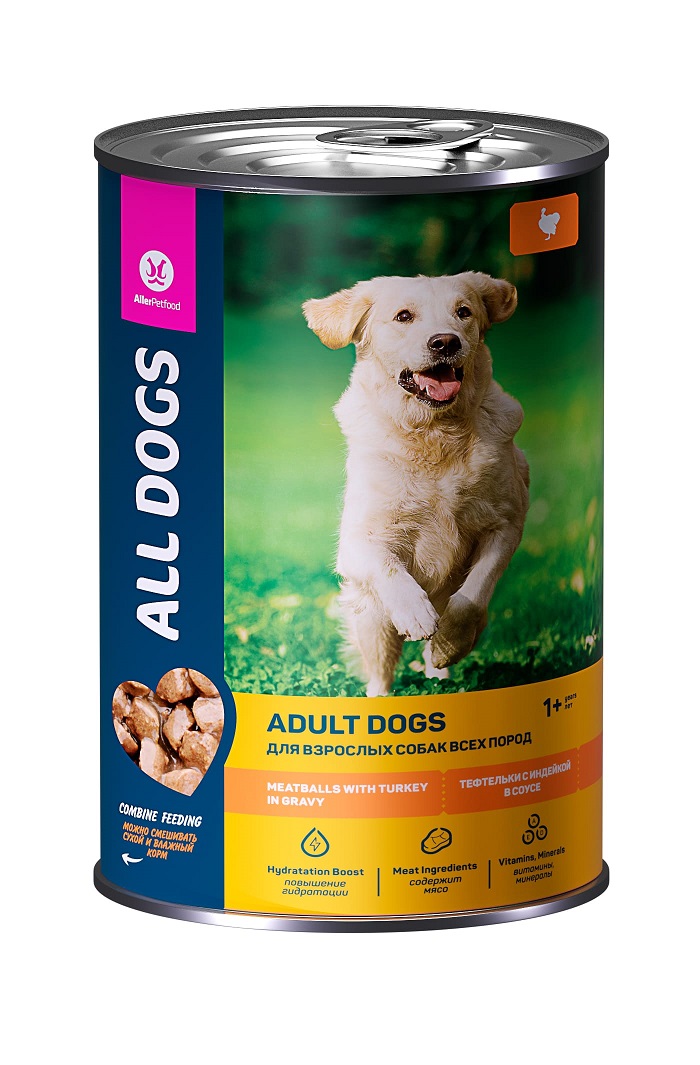 Олл Догс Консервы Adult для собак Тефтельки в соусе, 12*415 г, в ассортименте, All Dogs