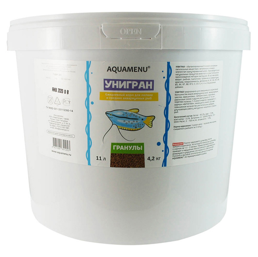 Аква Меню Корм Унигран для мелких и средних аквариумных рыб, гранулы, 11 л/4,2 кг