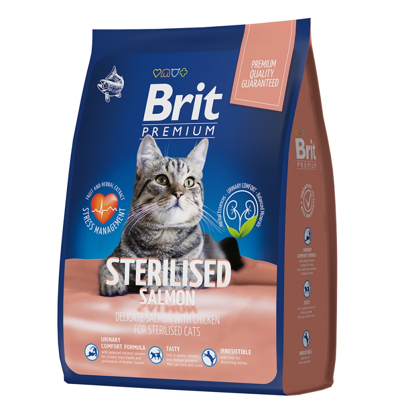 Брит Корм Premium Cat Sterilized Salmon/Chicken премиум класса для стерилизованных кошек, Лосось/Курица, в ассортименте, Brit