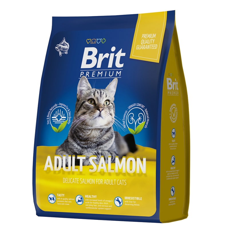 Брит Корм Premium Cat Adult Salmon премиум-класса для кошек, Лосось, в ассортименте, Brit 
