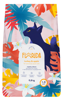 Флорида Корм Adult Sensitive для кошек с чувствительным пищеварением, Индейка/Яблоко, в ассортименте, Florida