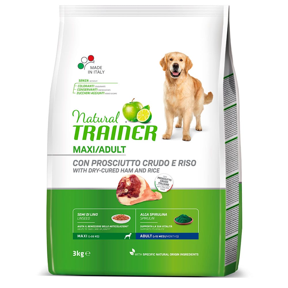 Трейнер Корм Natural Maxi Adult для собак крупных пород Сыровяленая ветчина/рис, в ассортименте, Trainer 