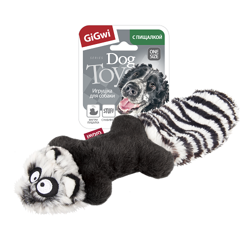 Гигви Игрушка для собак Енот с пищалкой, 24 см, текстиль/резина, белый/черный, GiGwi