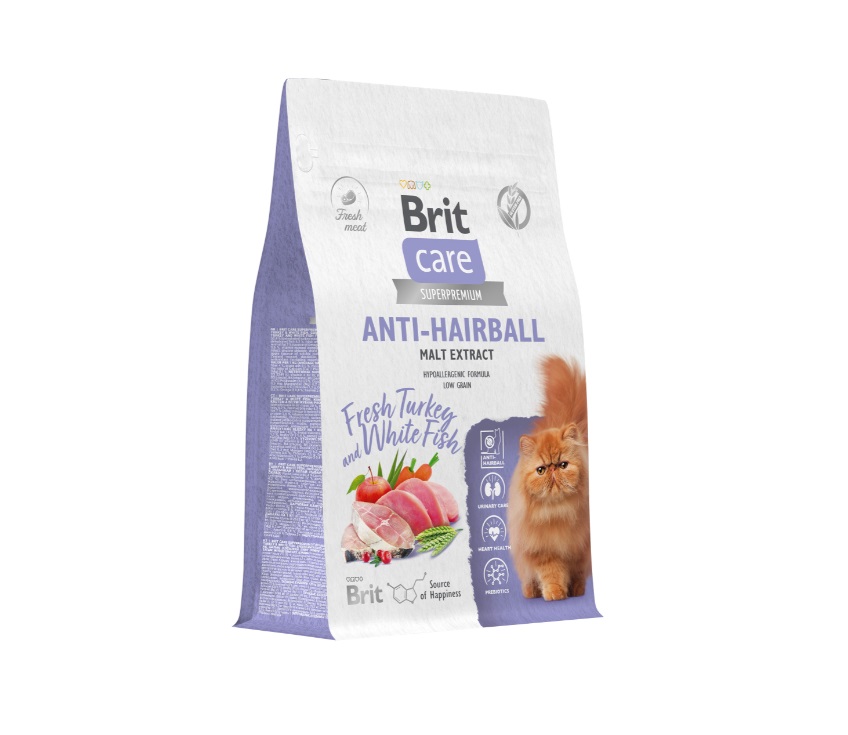 Брит Кэа Корм Cat Anti-Hairball для кошек, Белая рыба с индейкой, в ассортименте, Brit Care