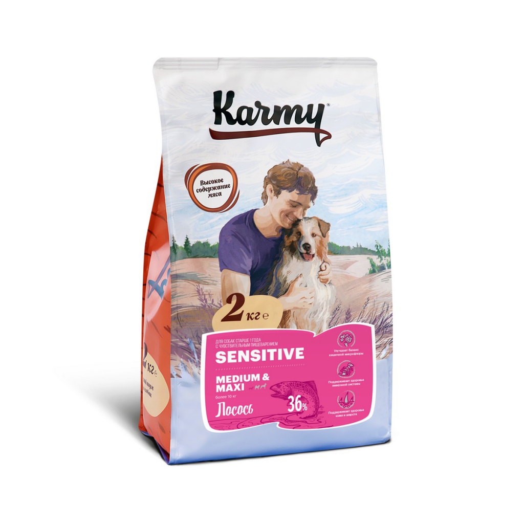 Карми Корм Sensitive Medium/Maxi для собак средних и крупных пород с чувствительным пищеварением, 2 кг, Лосось, Karmy