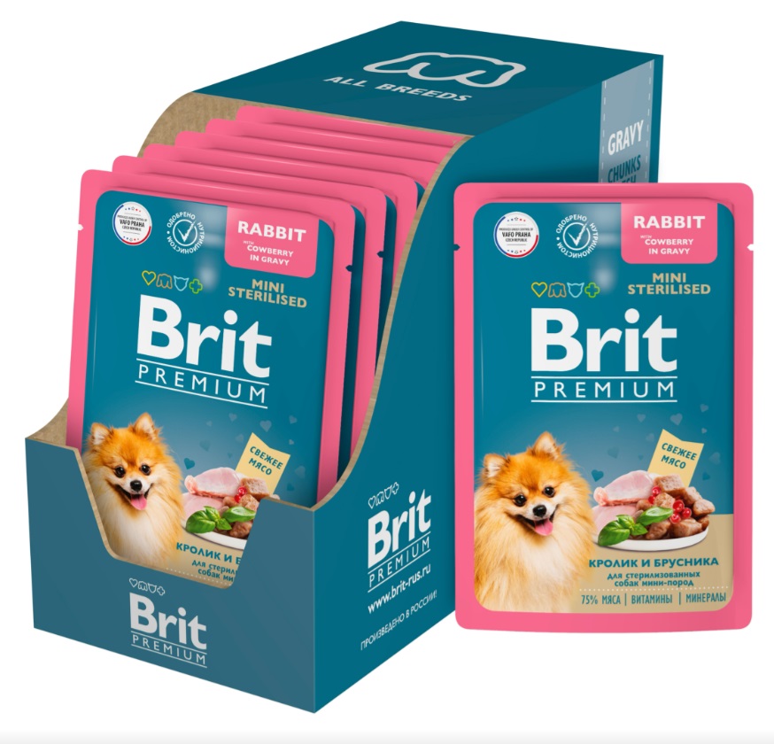 Паучи Брит Premium для стерилизованных собак мини пород, 14*85г, кролик и брусника в соусе, Brit
