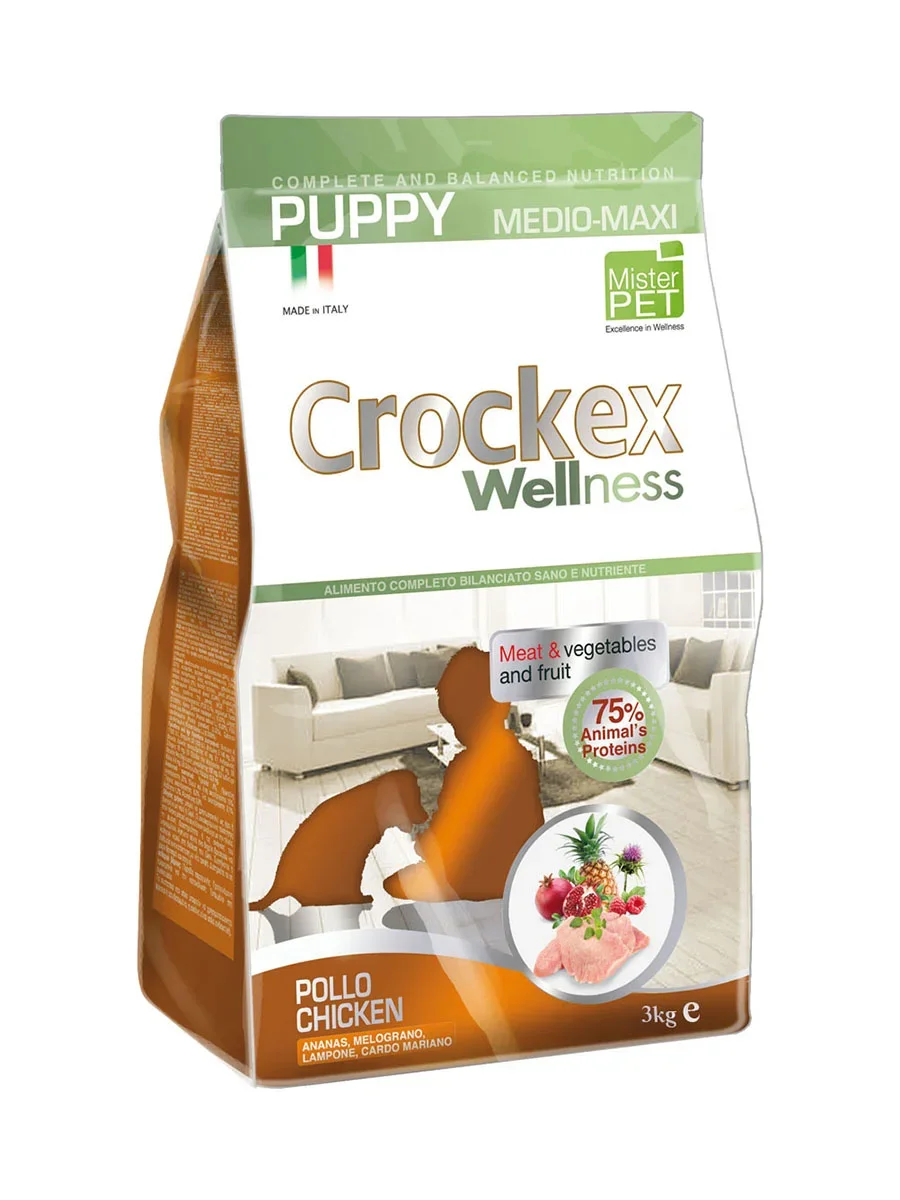 Крокекс Корм Pollo Chicken для щенков средних и крупных пород, Курица/Рис, в ассортименте, Crockex Wellness