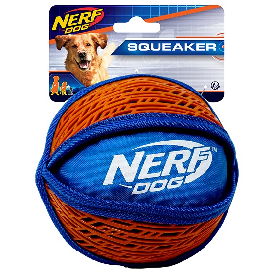 Нёрф Игрушка Мяч нейлоновый пищащий с узором для собак, 15 см, синий/оранжевый, Nerf