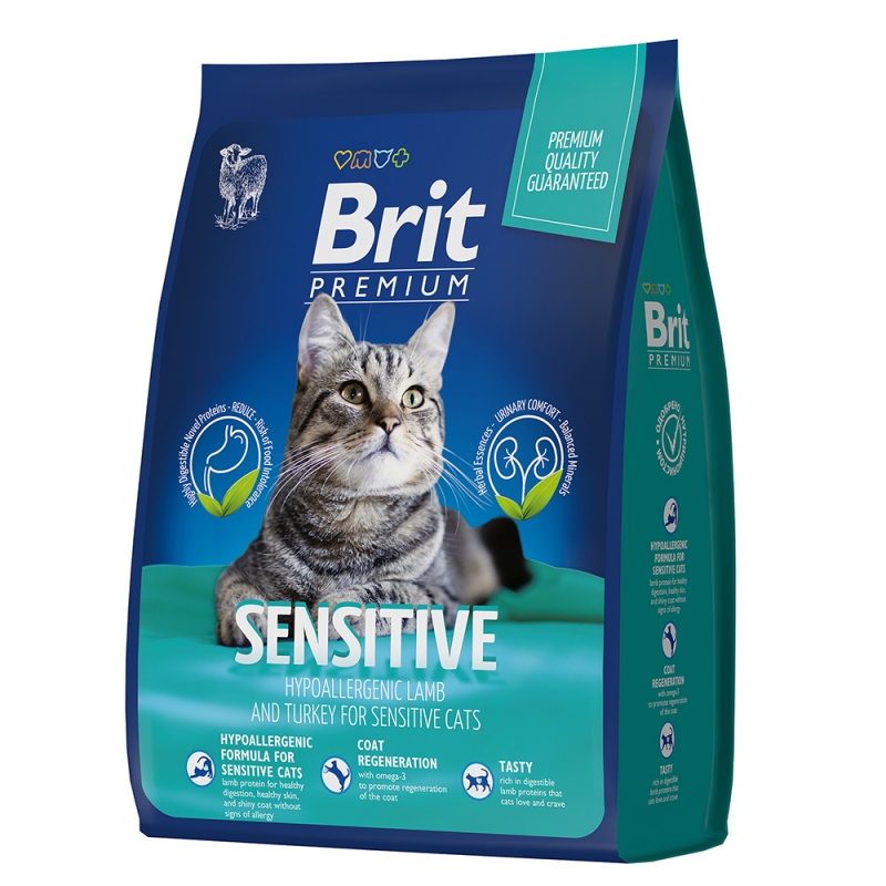 Брит Корм Premium Cat Sensitive Lamb/Turkey премиум-класса для кошек с чувствительным пищеварением, Ягненок/Индейка, в ассортименте, Brit