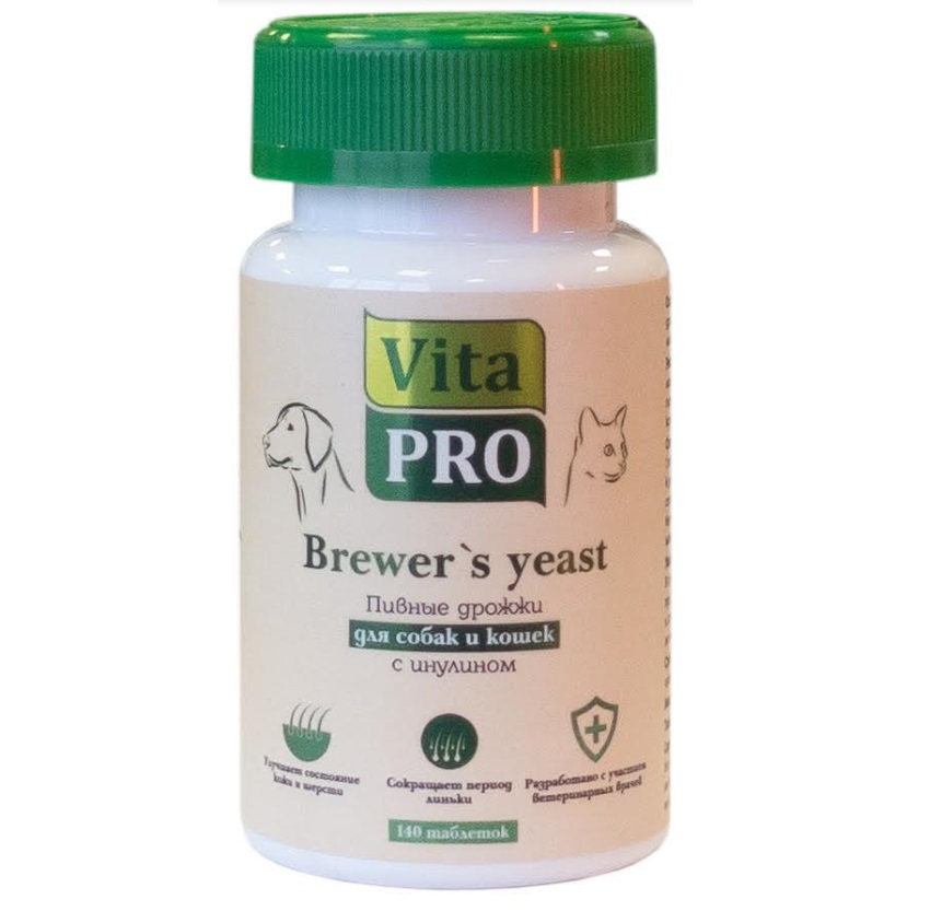 ВИТА ПРО Пивные дрожжи с инулином Brewer's yeast, для собак и кошек, для шерсти, 140 таблеток, Vita Pro