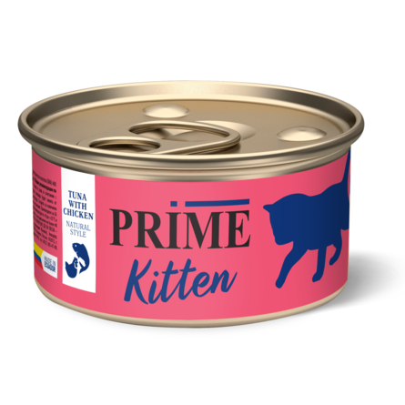 Прайм Консервы Kitten для котят, кусочки в собственном соку, 6*85 г, Тунец премиум/Курица, Prime