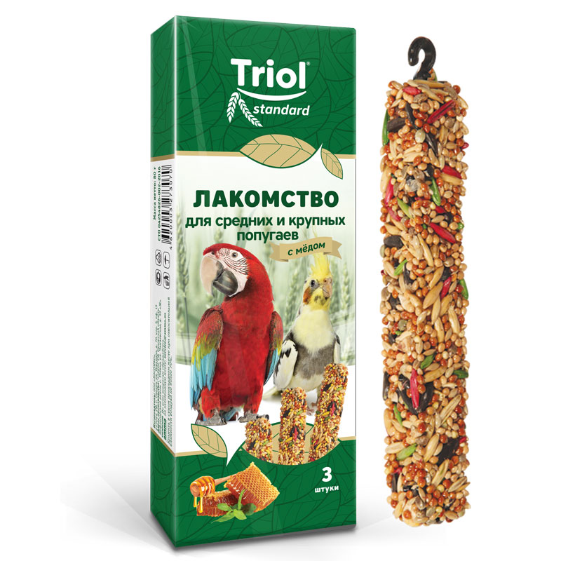 Триол Крекер (палочка на деревянном стержне) Standard для крупных и средних попугаев, с медом, 3*80 г, Triol