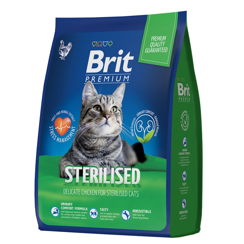 Брит Корм Premium Cat Sterilized Chicken премиум-класса для стерилизованных кошек, Курица, в ассортименте, Brit 