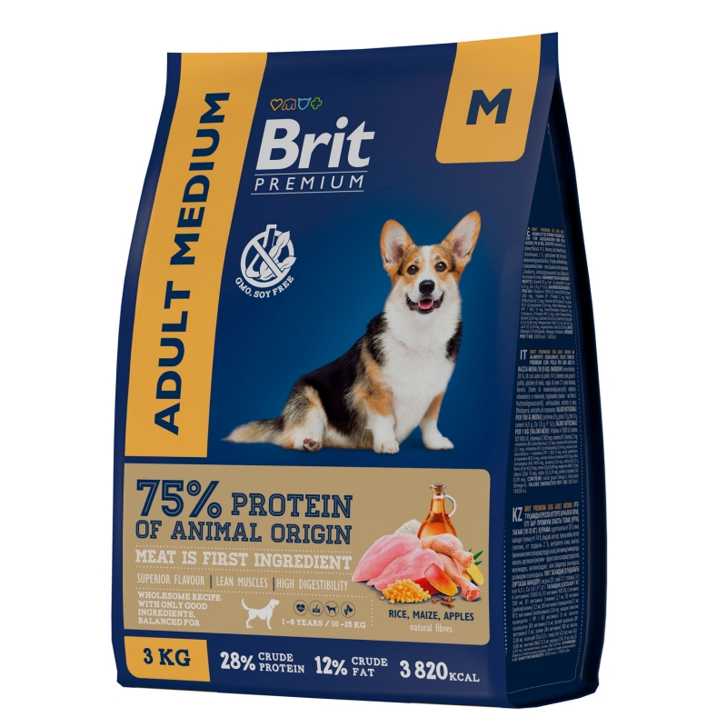 Корм Брит Premium Dog Adult Medium премиум-класса для собак средних пород, Курица, в ассортименте, Brit
