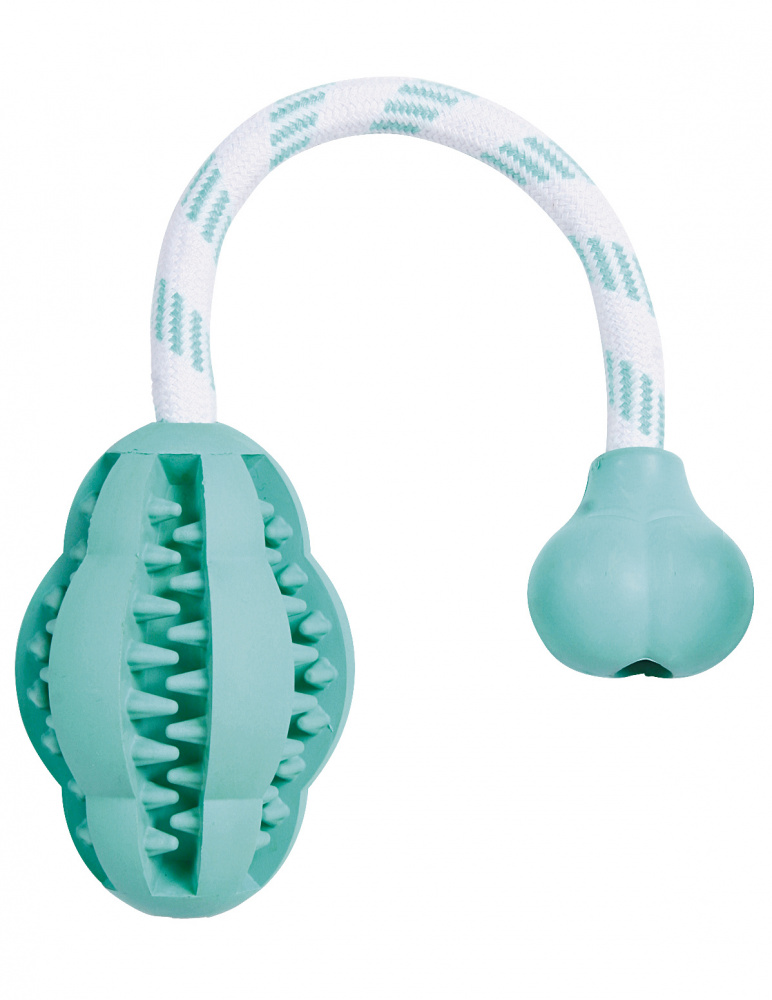 Трикси Игрушка Мяч с веревкой для собаки, серия Denta Fun 8*28 см, зеленый/белый, резина, Trixie