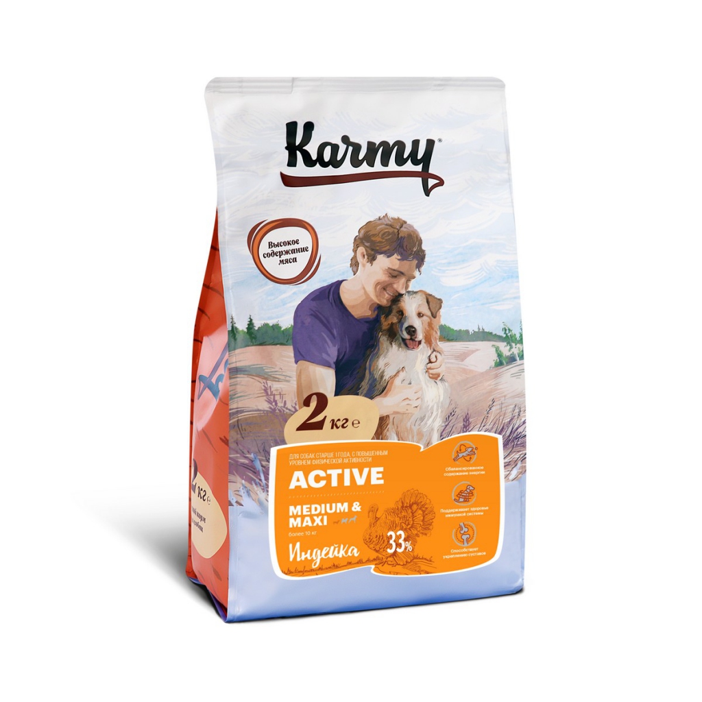 Карми Корм Active Medium/Maxi для собак средних и крупных пород, подверженных повышенным физическим нагрузкам, 2 кг, Индейка, Karmy