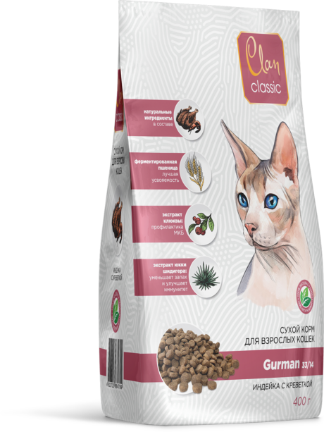 Клан Корм Classic Gurman 33/14 для привередливых кошек, Индейка/Креветки, в ассортименте, Clan 
