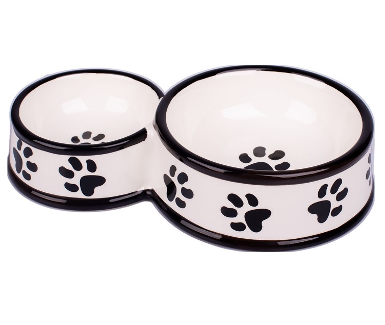 КерамикАрт Миска керамическая для собак двойная 100/220 мл, белая с лапками, KeramikArt