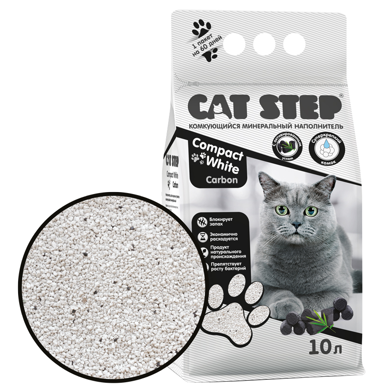 Кет Степ Наполнитель комкующийся минеральный Cat Step Compact White Carbon, с активированным углем, 10 л