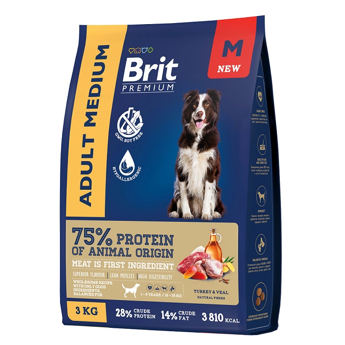 Корм Брит Premium Dog Adult Medium премиум-класса для собак средних пород, Индейка/Телятина, в ассортименте, Brit