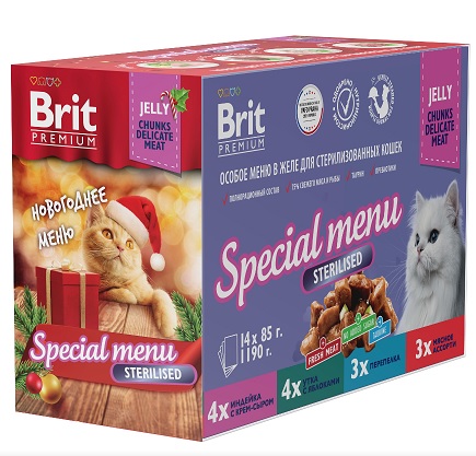 Брит Паучи Premium Особые меню для стерилизованных кошек, 14*85 г, в ассортименте, Brit 