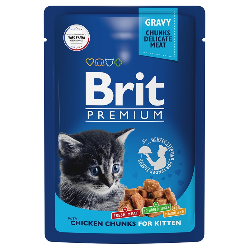 Брит Паучи Premium Gravy для котят, кусочки в соусе, 14*85 г, в ассортименте, Brit 