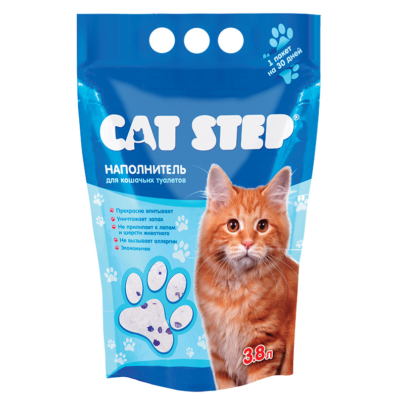 Кет Степ Наполнитель силикагелевый антибактериальный Cat Step Arctic Blue классический, в ассортименте