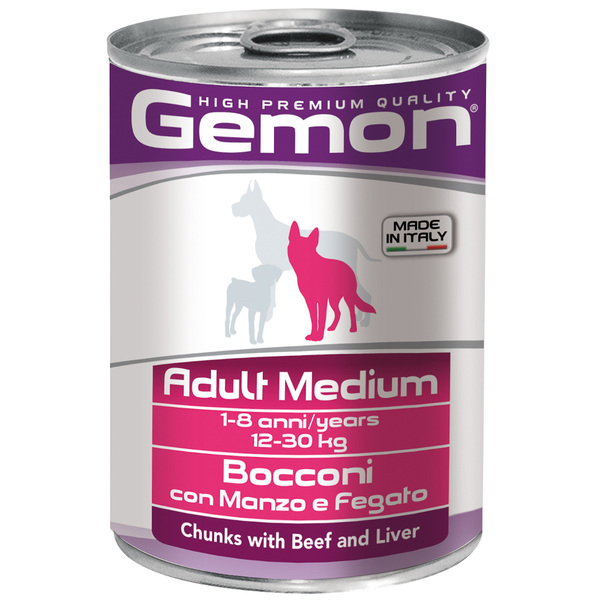 Джемон Консервы для собак средних пород Dog Medium, кусочки говядины с печенью, 415 гр, Gemon