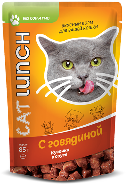 КэтЛанч Паучи Кусочки в соусе для кошек, в ассортименте, 24*85 г, Cat Lunch