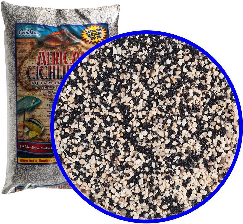 КарибСеа Аквагрунт Sahara Sand природный для пресноводных аквариумов с африканскими цихлидами, черный/белый, размер частиц 0,5-1,5 мм, вес 9 кг, CaribSea