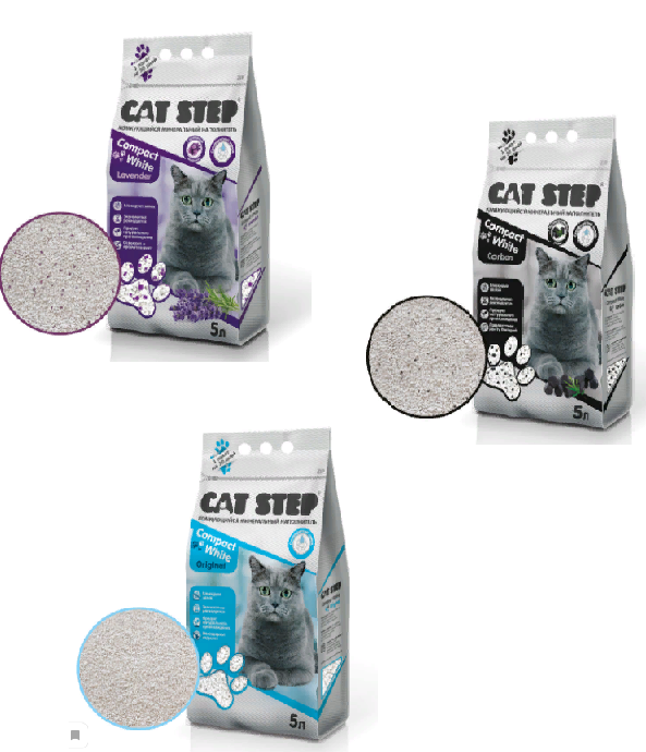 Кэт Степ Наполнитель минеральный комкующийся Cat Step Compact White для кошачьих туалетов, 5 л, в ассортименте